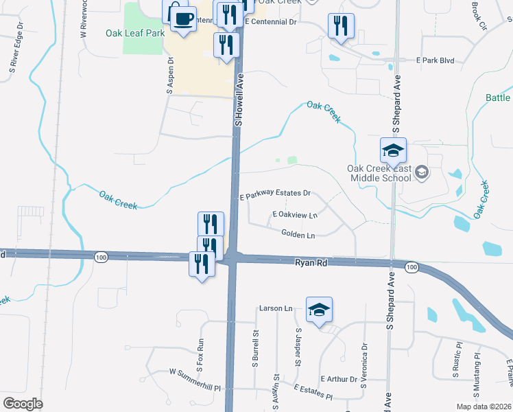 map of restaurants, bars, coffee shops, grocery stores, and more near 9375 South Burrell Street in Oak Creek