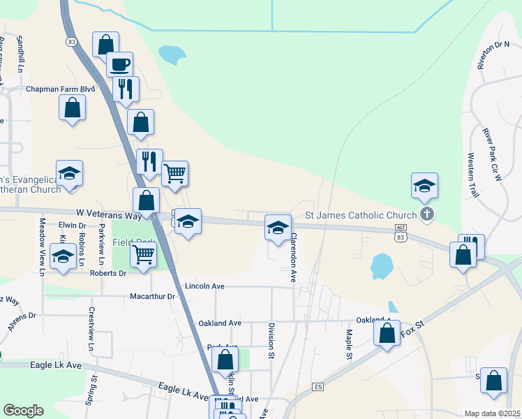 map of restaurants, bars, coffee shops, grocery stores, and more near 350 Cth Nn East in Mukwonago