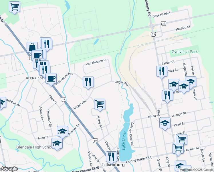 map of restaurants, bars, coffee shops, grocery stores, and more near 191 Lisgar Avenue in Tillsonburg