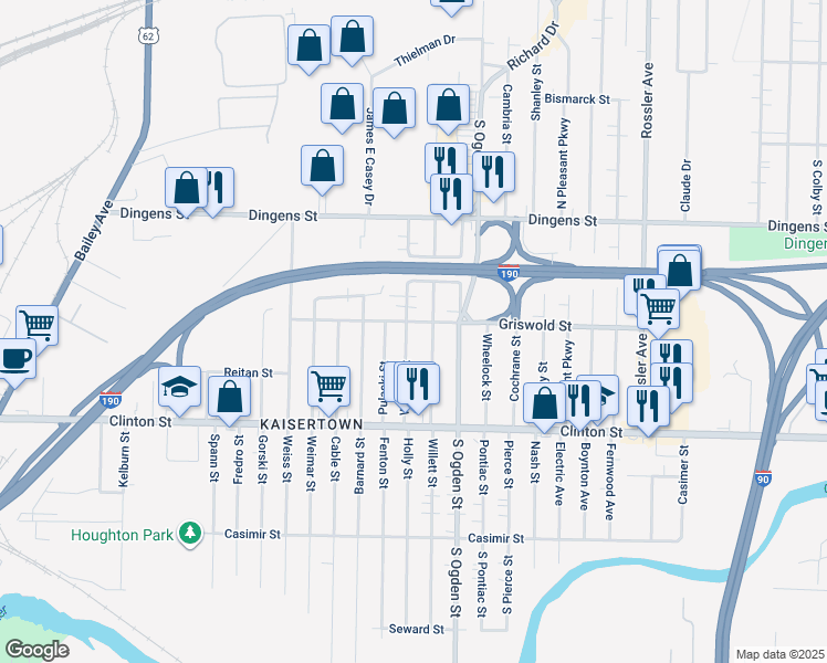 map of restaurants, bars, coffee shops, grocery stores, and more near 95 Weaver Street in Buffalo