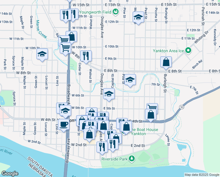 map of restaurants, bars, coffee shops, grocery stores, and more near 611 Capital Street in Yankton