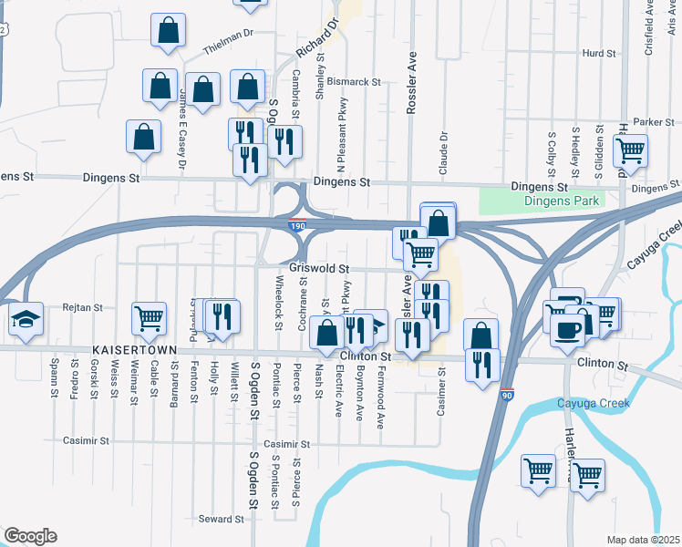 map of restaurants, bars, coffee shops, grocery stores, and more near 96 Pleasant Parkway in Buffalo