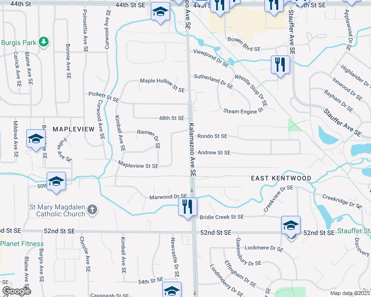 map of restaurants, bars, coffee shops, grocery stores, and more near 4909 Kalamazoo Avenue Southeast in Kentwood