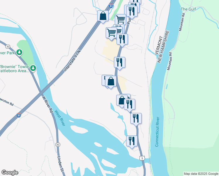 map of restaurants, bars, coffee shops, grocery stores, and more near 768 Putney Road in Brattleboro