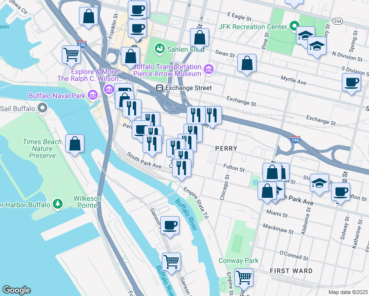map of restaurants, bars, coffee shops, grocery stores, and more near 114 Michigan Avenue in Buffalo