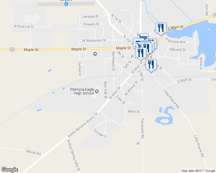 map of restaurants, bars, coffee shops, grocery stores, and more near 152 Burr Oak Street in Palmyra