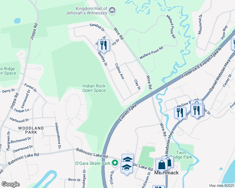 map of restaurants, bars, coffee shops, grocery stores, and more near 6 Berkley Street in Merrimack