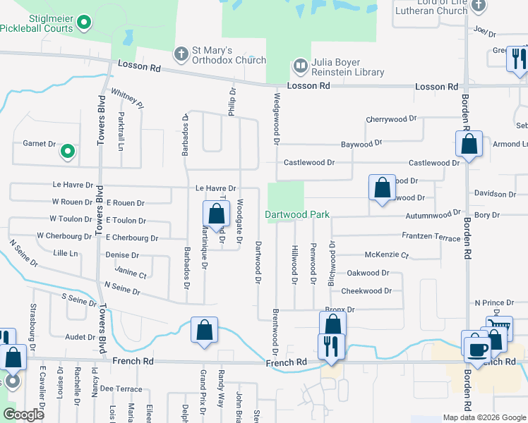 map of restaurants, bars, coffee shops, grocery stores, and more near 161 Dartwood Drive in Buffalo