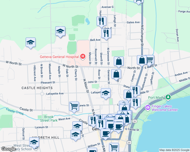 map of restaurants, bars, coffee shops, grocery stores, and more near 33 Folger St in Geneva