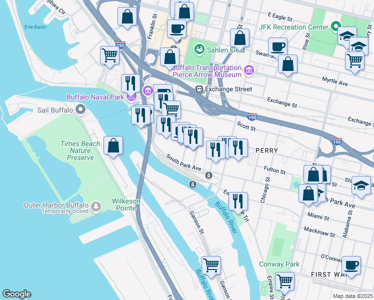 map of restaurants, bars, coffee shops, grocery stores, and more near 49 Illinois Street in Buffalo