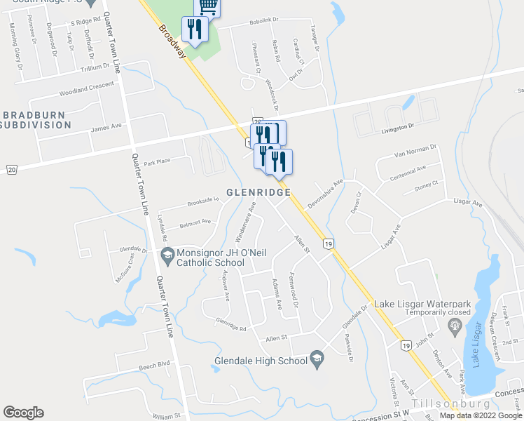 map of restaurants, bars, coffee shops, grocery stores, and more near 4 Hunter Crescent in Tillsonburg