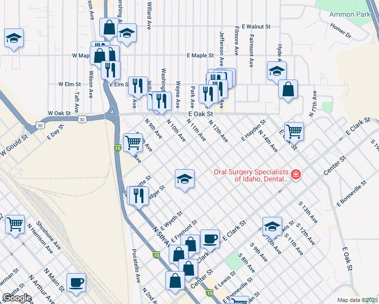 map of restaurants, bars, coffee shops, grocery stores, and more near 735 North 10th Avenue in Pocatello