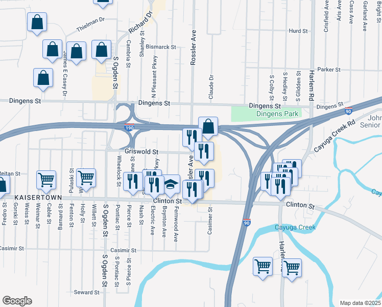map of restaurants, bars, coffee shops, grocery stores, and more near 79 South Rossler Avenue in Cheektowaga