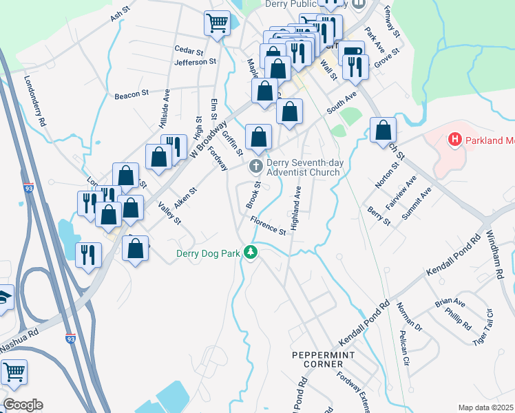 map of restaurants, bars, coffee shops, grocery stores, and more near 23 Brook Street in Derry
