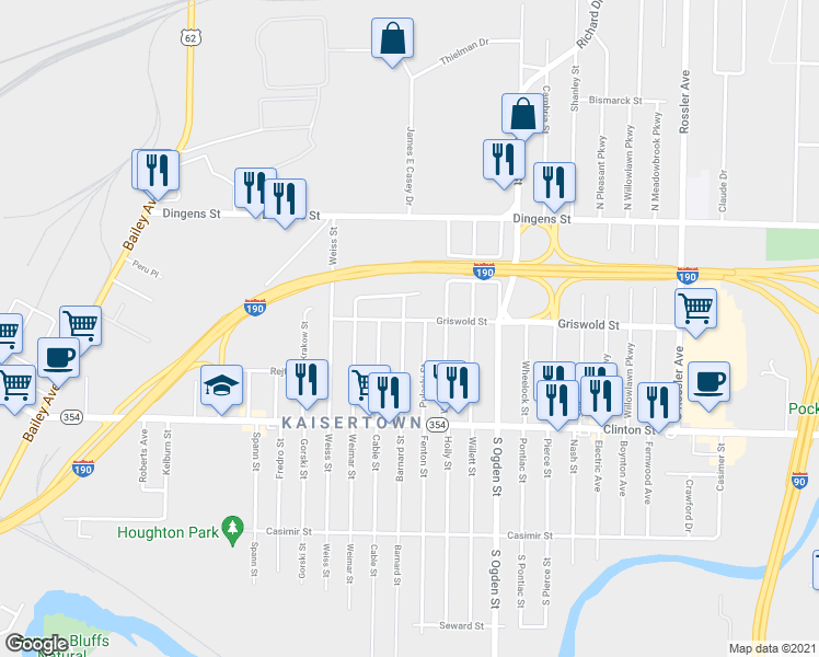 map of restaurants, bars, coffee shops, grocery stores, and more near 79 Griswold St in Buffalo