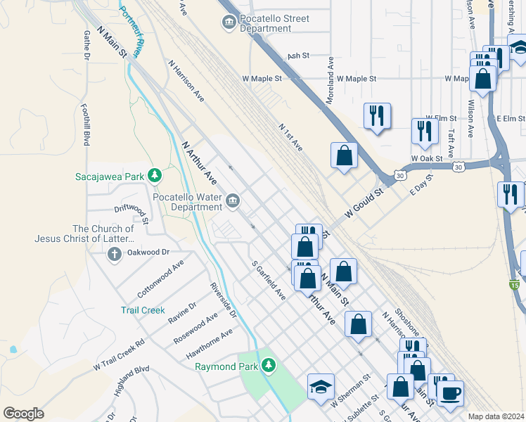 map of restaurants, bars, coffee shops, grocery stores, and more near 1745 North Main Street in Pocatello