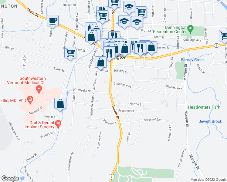 map of restaurants, bars, coffee shops, grocery stores, and more near 414 South Street in Bennington