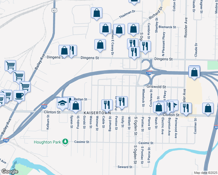 map of restaurants, bars, coffee shops, grocery stores, and more near 79 Griswold Street in Buffalo