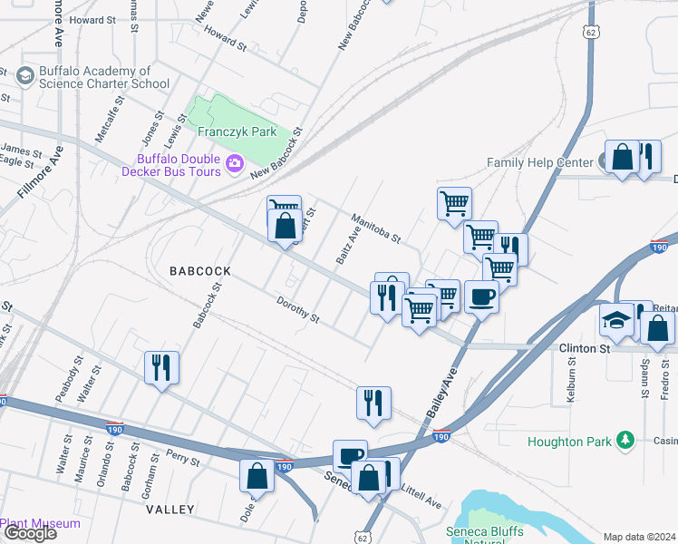 map of restaurants, bars, coffee shops, grocery stores, and more near in Buffalo