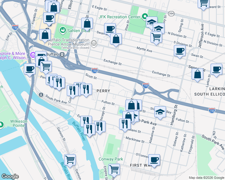 map of restaurants, bars, coffee shops, grocery stores, and more near 300 Perry Street in Buffalo