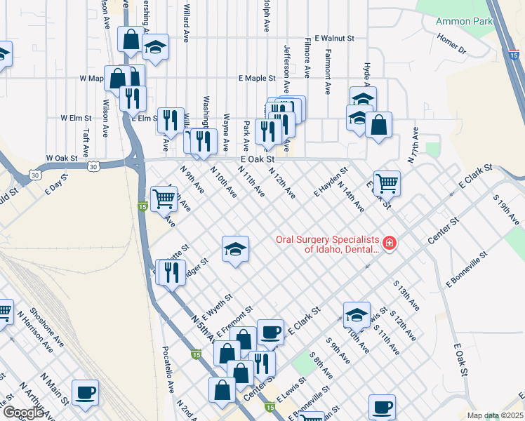 map of restaurants, bars, coffee shops, grocery stores, and more near 1151 East Bridger Street in Pocatello