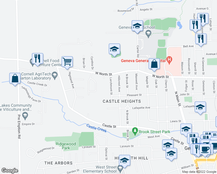 map of restaurants, bars, coffee shops, grocery stores, and more near 40 Larchmont Street in Geneva
