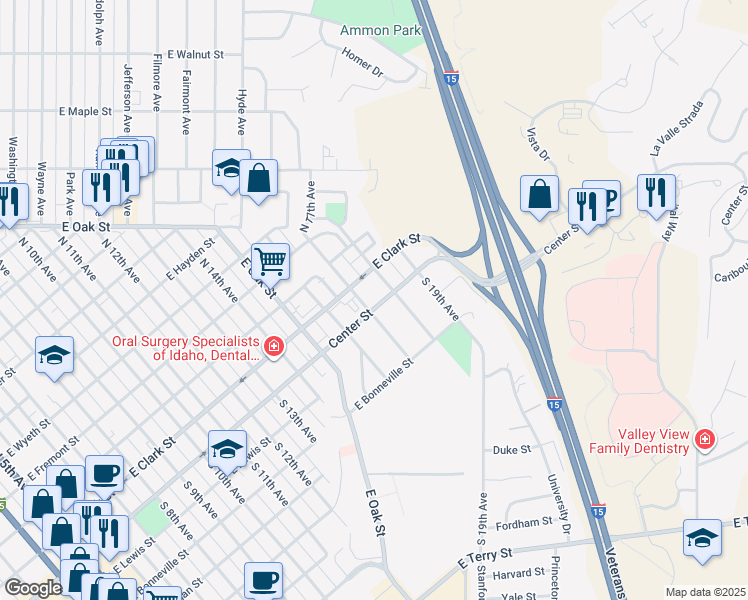 map of restaurants, bars, coffee shops, grocery stores, and more near 1824 East Center Street in Pocatello