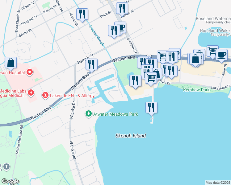 map of restaurants, bars, coffee shops, grocery stores, and more near 31 Island Lane in Canandaigua