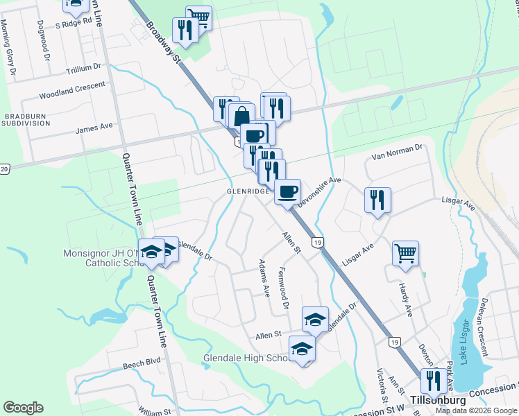 map of restaurants, bars, coffee shops, grocery stores, and more near 4 Hunter Crescent in Tillsonburg