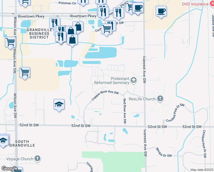 map of restaurants, bars, coffee shops, grocery stores, and more near 3453 Rifle River street Southwest in Wyoming