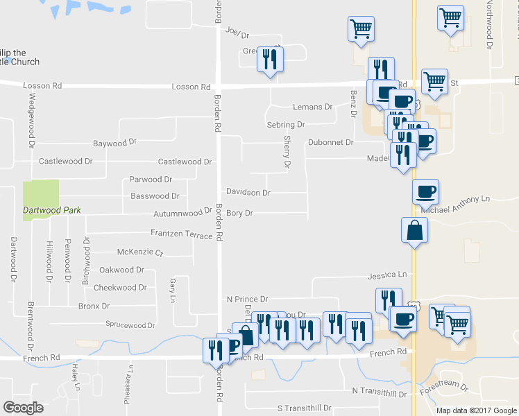 map of restaurants, bars, coffee shops, grocery stores, and more near 50 Bory Drive in Depew
