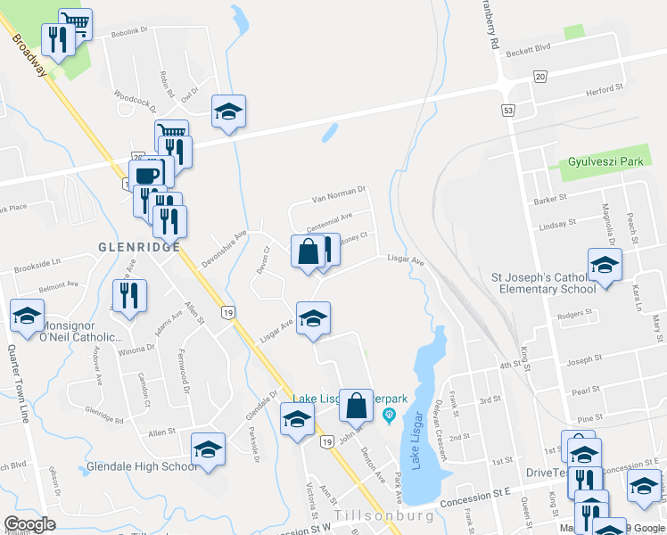 map of restaurants, bars, coffee shops, grocery stores, and more near 204 Lisgar Avenue in Tillsonburg
