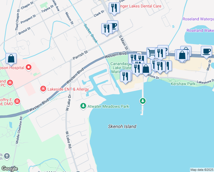map of restaurants, bars, coffee shops, grocery stores, and more near 31 Island Lane in Canandaigua