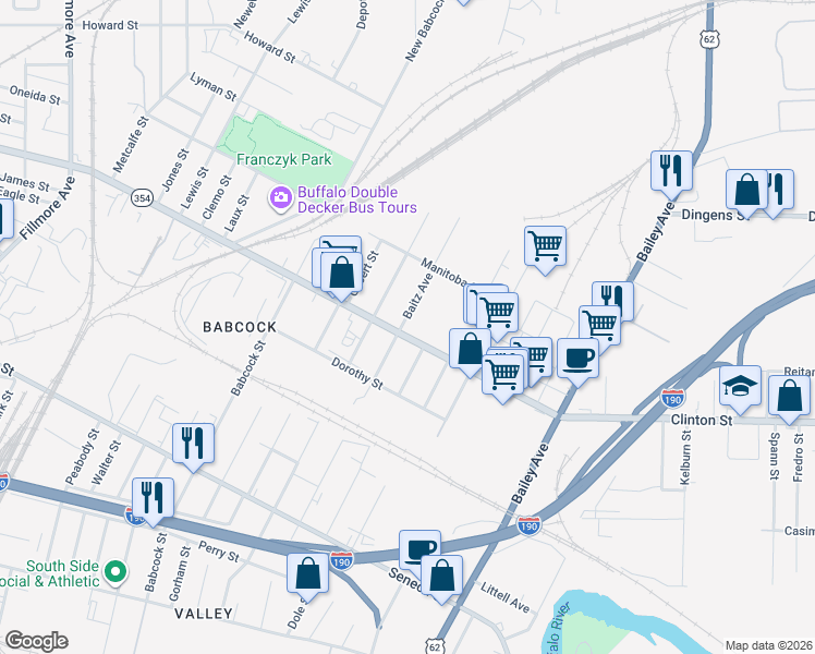map of restaurants, bars, coffee shops, grocery stores, and more near in Buffalo