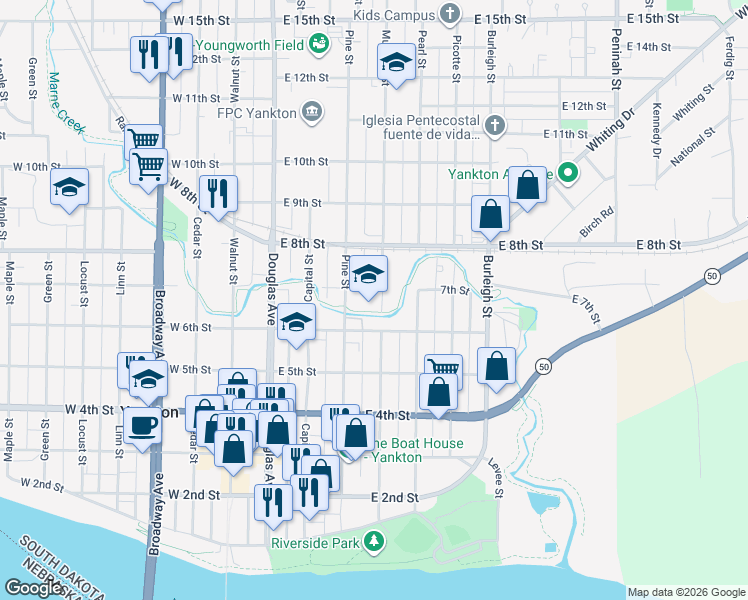 map of restaurants, bars, coffee shops, grocery stores, and more near 701-707 Mulberry Street in Yankton