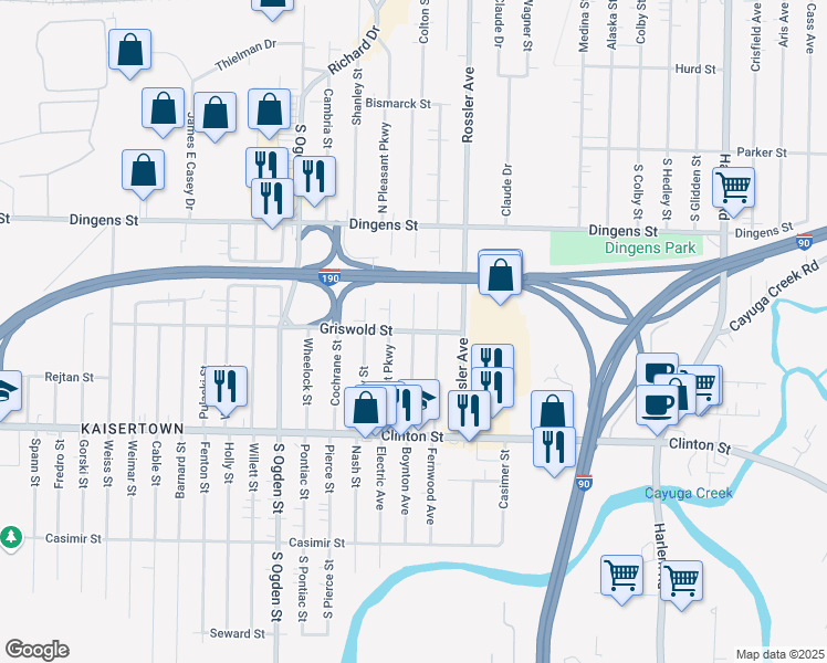 map of restaurants, bars, coffee shops, grocery stores, and more near 101 Willowlawn Parkway in Cheektowaga