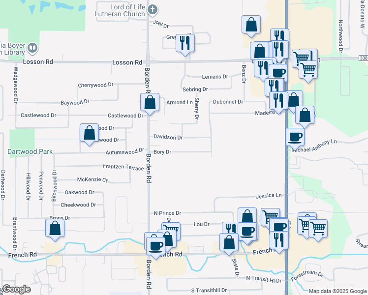 map of restaurants, bars, coffee shops, grocery stores, and more near 50 Bory Drive in Depew