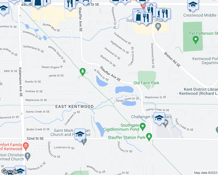 map of restaurants, bars, coffee shops, grocery stores, and more near 50 South Shore Drive Southeast in Kentwood