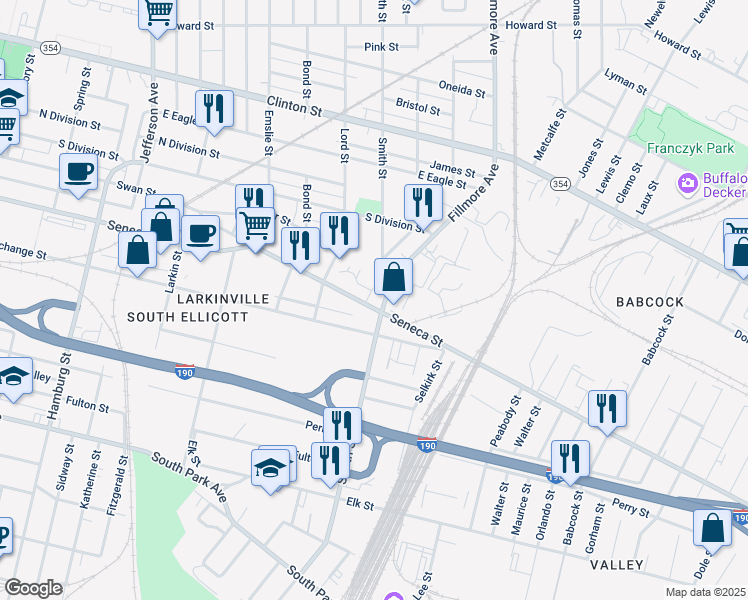 map of restaurants, bars, coffee shops, grocery stores, and more near 888 Seneca Street in Buffalo