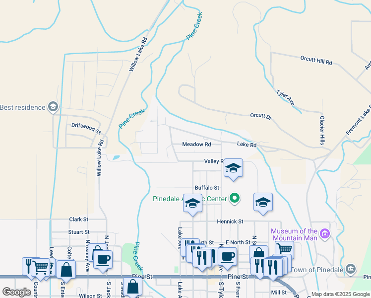 map of restaurants, bars, coffee shops, grocery stores, and more near Meadow Road in Pinedale