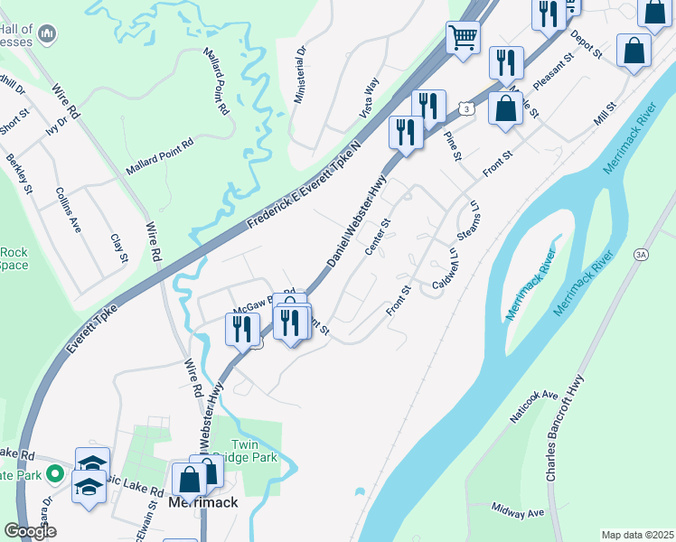 map of restaurants, bars, coffee shops, grocery stores, and more near 527 Daniel Webster Highway in Merrimack