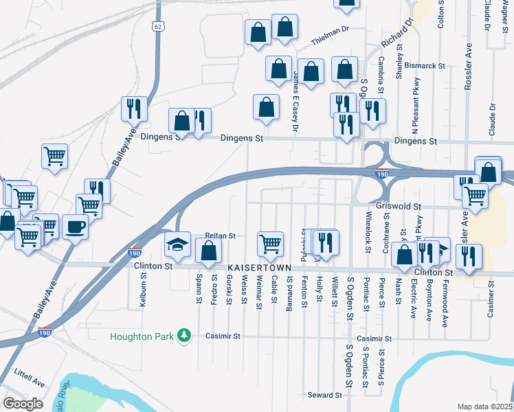 map of restaurants, bars, coffee shops, grocery stores, and more near 271 Weiss Street in Buffalo