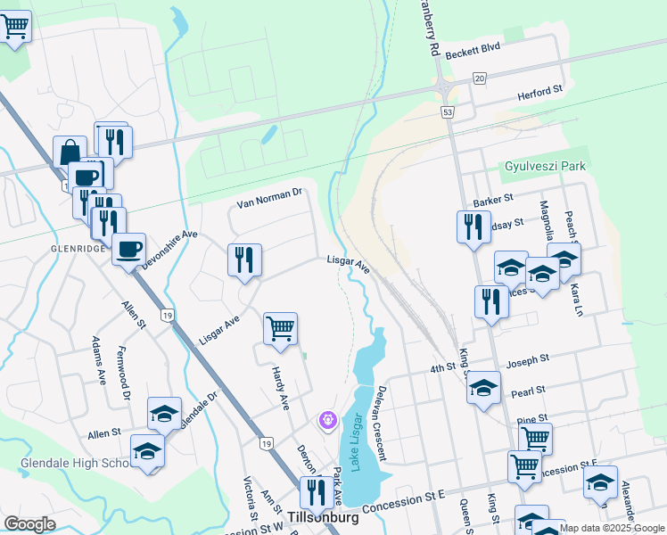 map of restaurants, bars, coffee shops, grocery stores, and more near 183 Lisgar Avenue in Tillsonburg