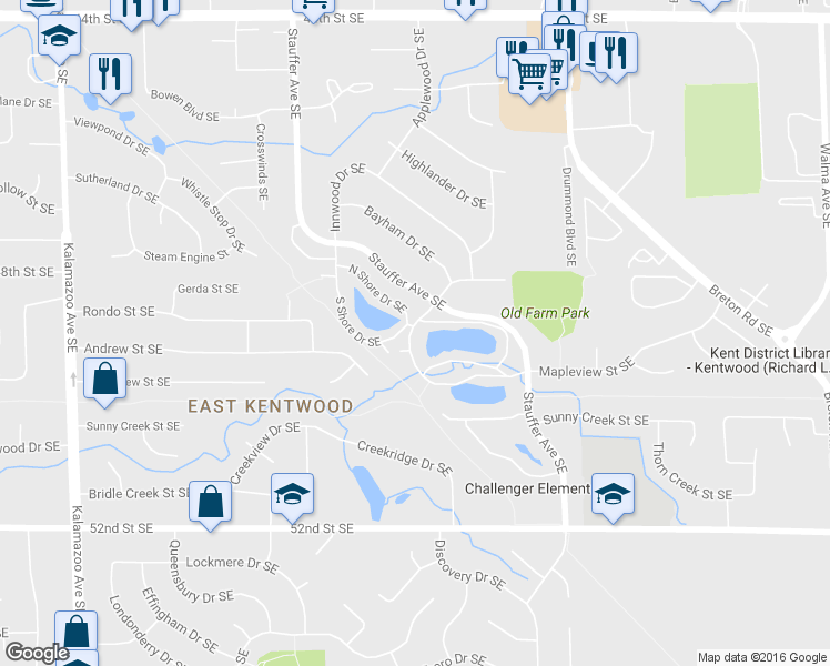 map of restaurants, bars, coffee shops, grocery stores, and more near 50 South Shore Drive Southeast in Kentwood