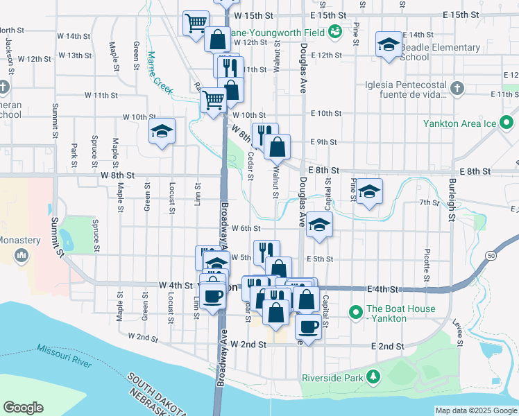 map of restaurants, bars, coffee shops, grocery stores, and more near 600-612 Cedar Street in Yankton