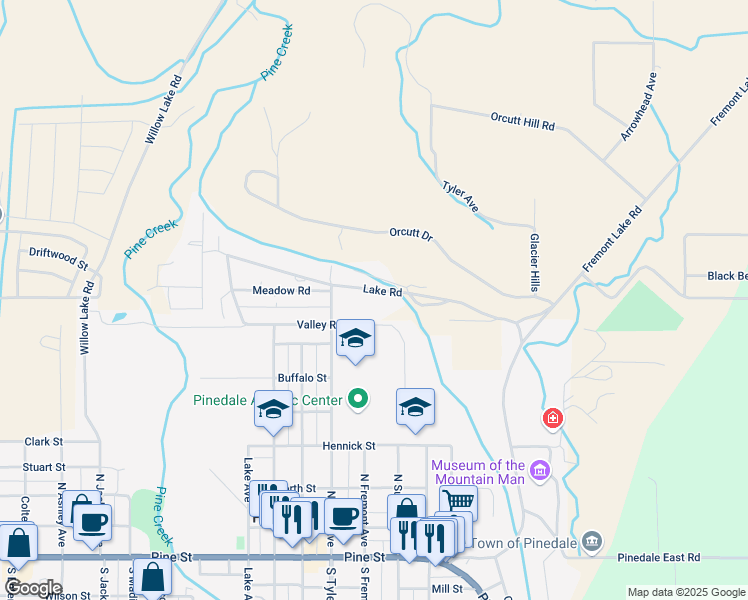map of restaurants, bars, coffee shops, grocery stores, and more near Meadow Road in Pinedale