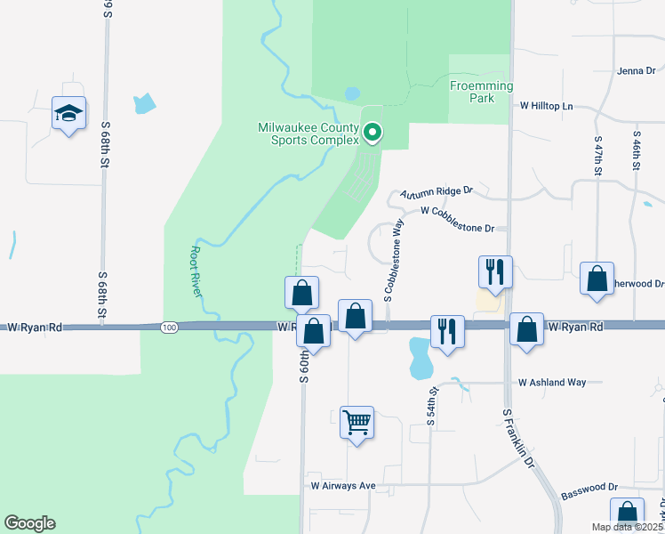 map of restaurants, bars, coffee shops, grocery stores, and more near 5833 West Forest View Court in Franklin