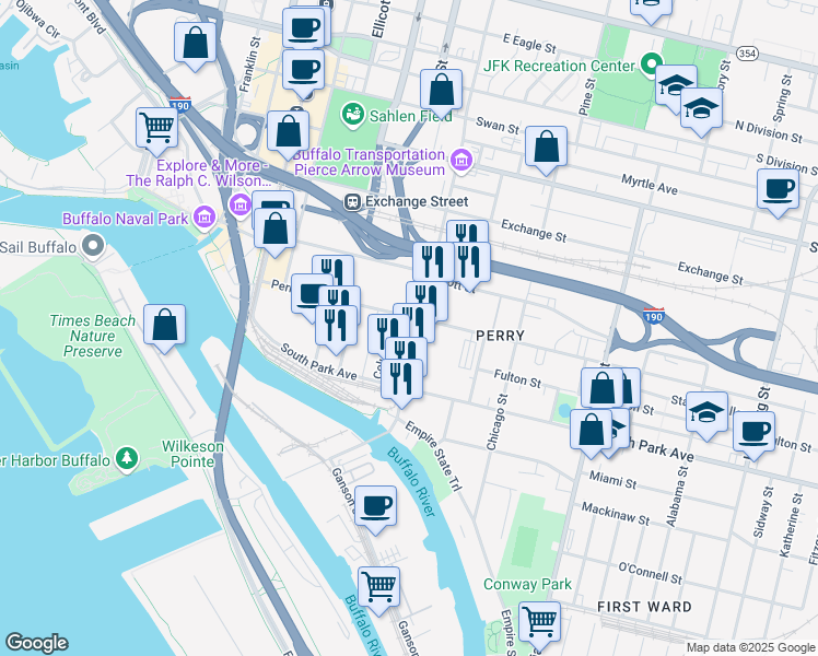 map of restaurants, bars, coffee shops, grocery stores, and more near 114 Michigan Avenue in Buffalo