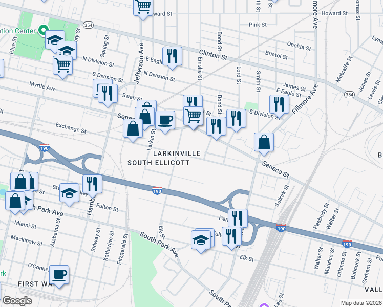 map of restaurants, bars, coffee shops, grocery stores, and more near 726 Exchange Street in Buffalo