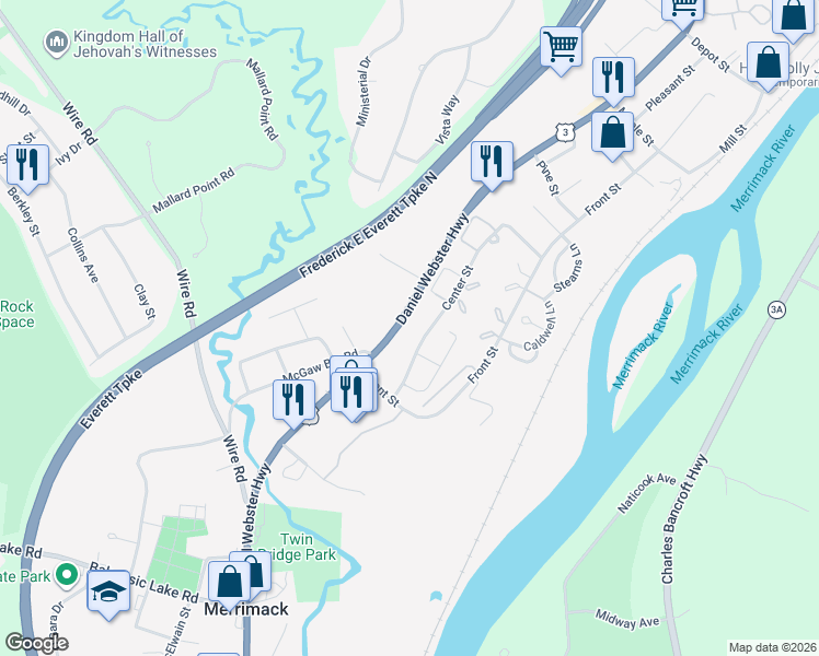 map of restaurants, bars, coffee shops, grocery stores, and more near 527 Daniel Webster Highway in Merrimack